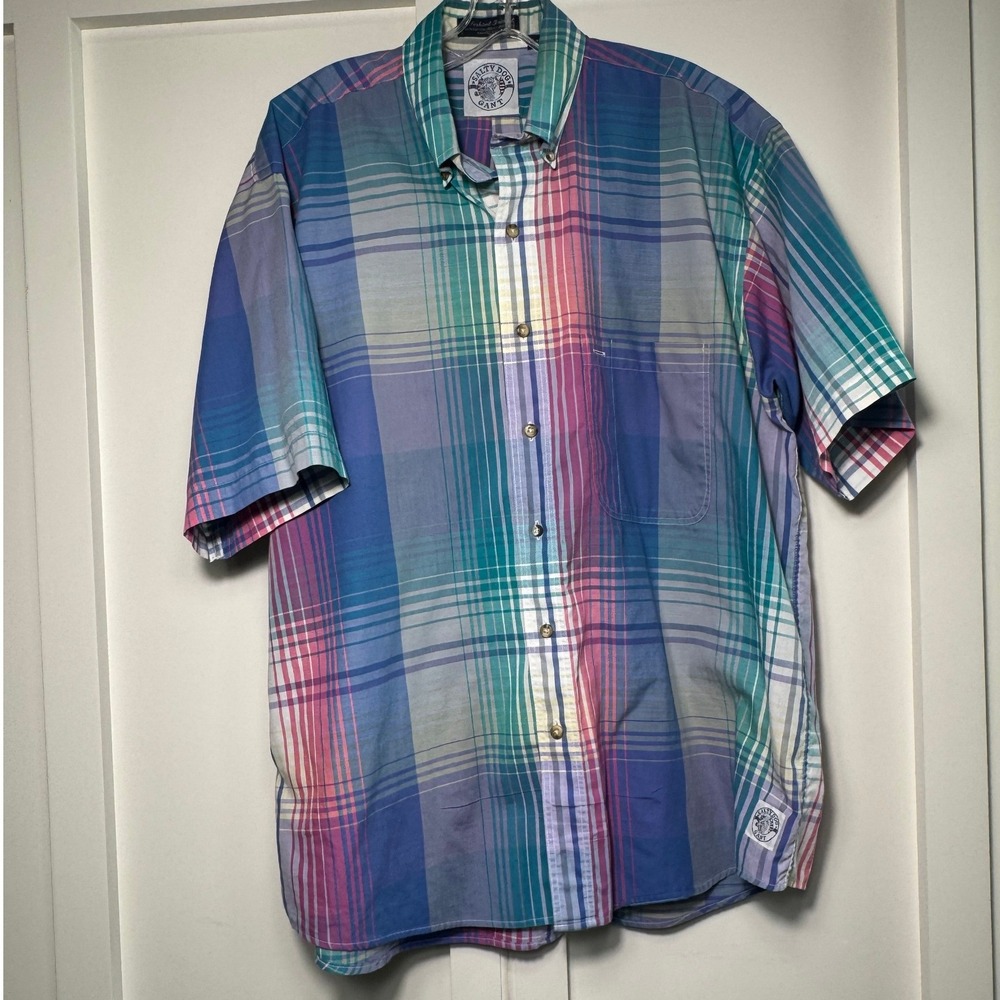 Vintage Salty‎ Dog Gant Foxhunt Plaid Short Sleeve Button Down Shirt Men's Large